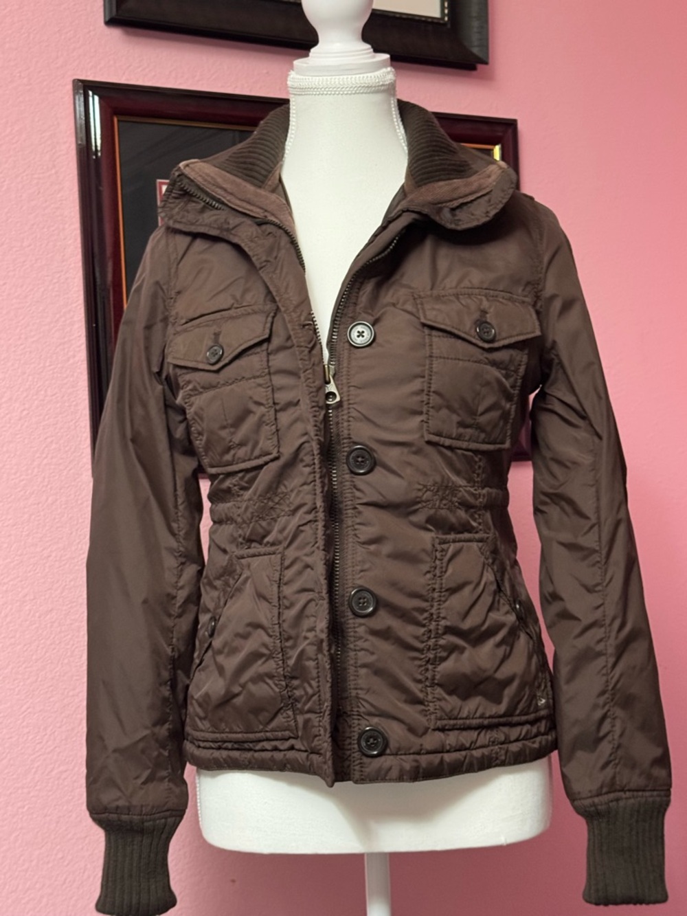 American Eagle Outfitters Brown Quilted Utility Jacket with Rib Knit Collar